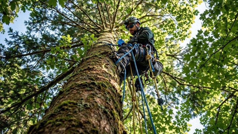 Alpinistyczna wycinka drzew — schemat pracy arborysty na linach