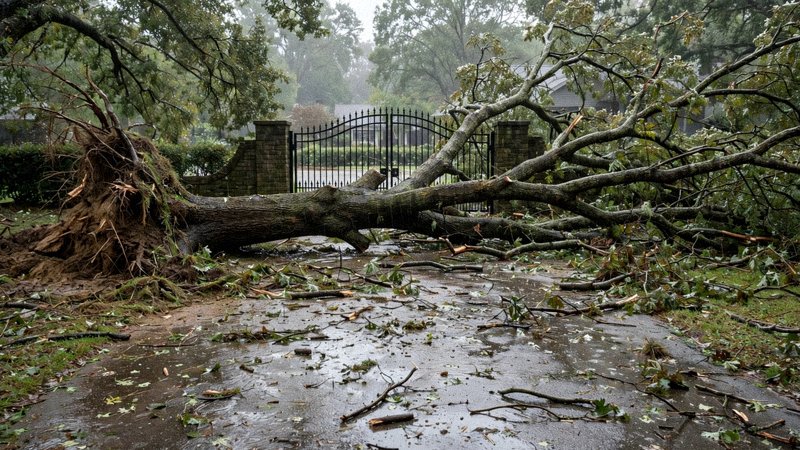 Awaryjne usuwanie drzewa powalonego na budynek po wichurze — zdjęcie 1