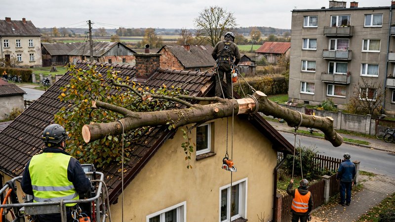 Ekipa zdejmuje sekcjami gruby konar buka nad dachem