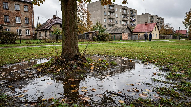 Zastoisko wody przy pniu drzewa na trawniku