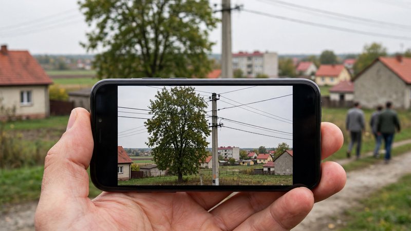 Zdjęcie drzewa przy linii energetycznej robione telefonem przed zgłoszeniem