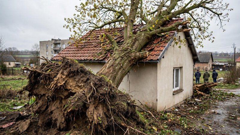 Wyrwane z korzeniami drzewo oparte o dach budynku