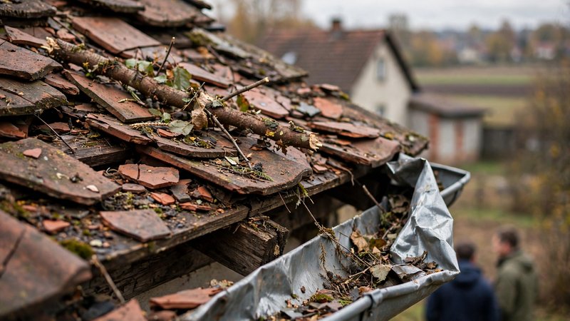 Rozbite dachówki i uszkodzona rynna po uderzeniu konaru