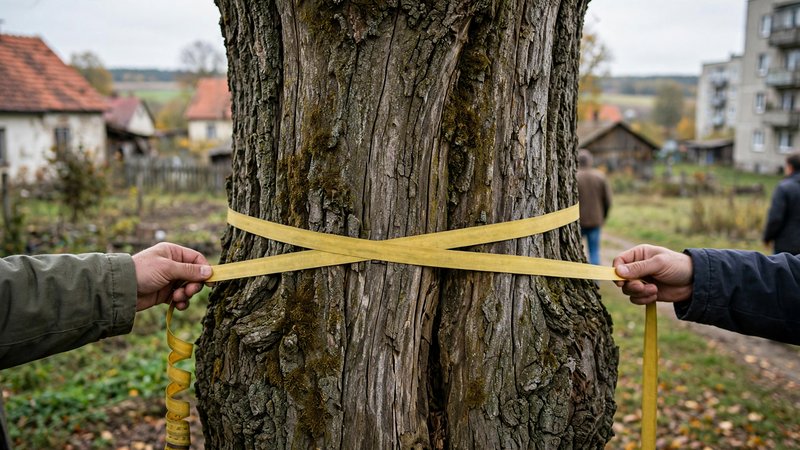 Pomierzony obwód pnia starego drzewa z miarką krawiecką