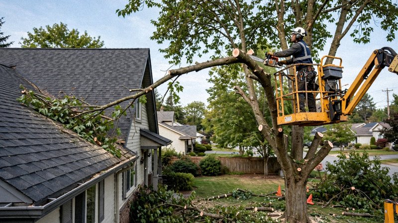 Arborysta skraca gałęzie odsuwając koronę od połaci dachu