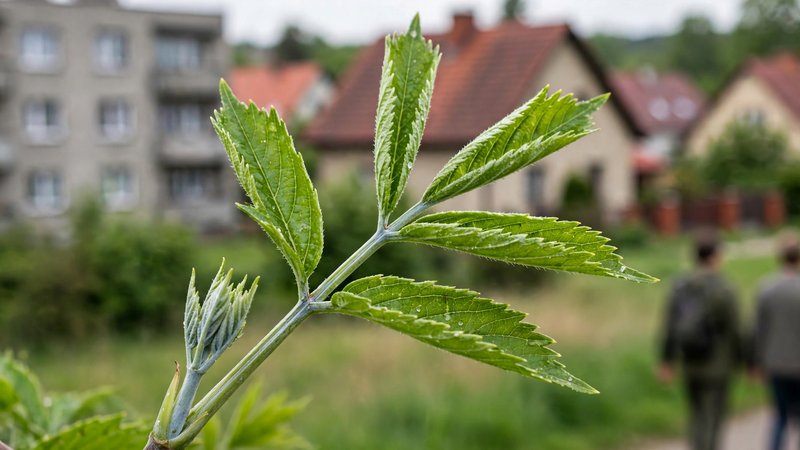 Liść klonu jesionolistnego złożony z kilku listków na gałązce