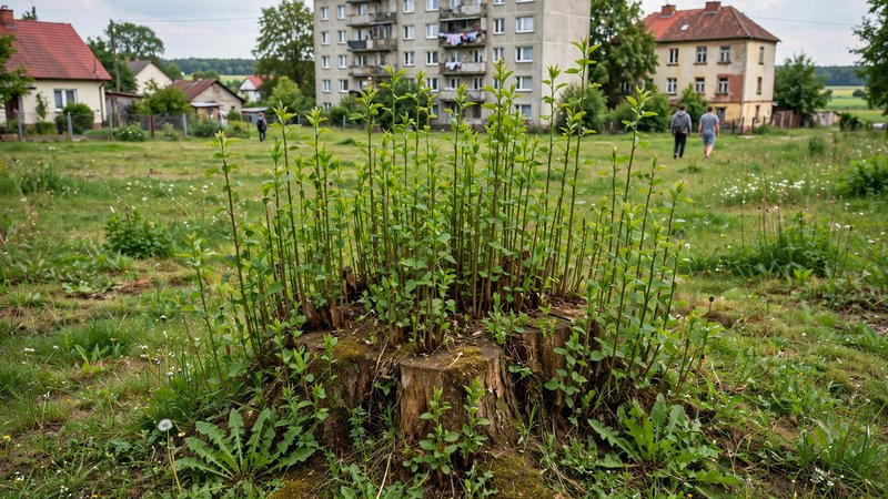 Gęste odrosty wyrastające z karpy po ściętym drzewie