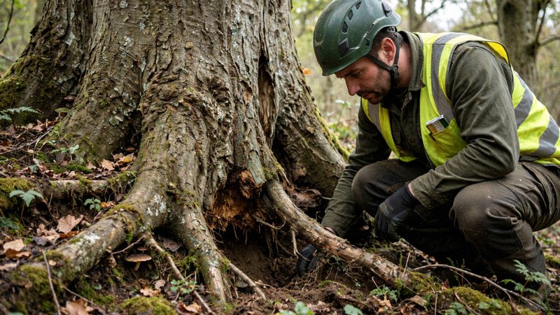 Arborysta ogląda podstawę pnia i nasadę korzeni podczas oceny stanu drzewa
