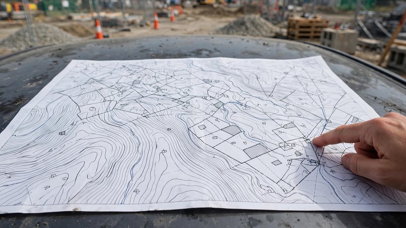 Mapa działki z naniesionymi numerami drzew i obrysem planowanego budynku