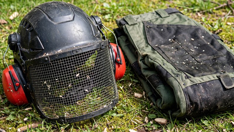 Profesjonalny sprzęt arborystyczny: pilarka, liny, kask i uprząż przy drzewie — zdjęcie 1