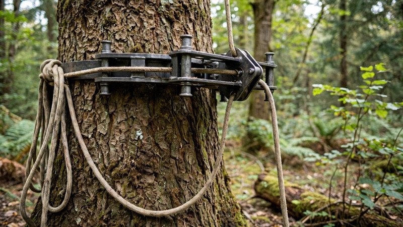 Profesjonalny sprzęt arborystyczny: pilarka, liny, kask i uprząż przy drzewie — zdjęcie 2