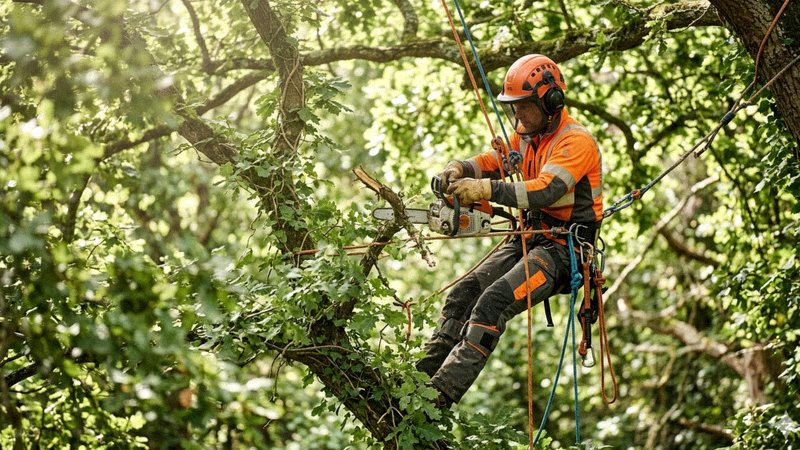 Profesjonalny arborysta w sprzecie ochronnym podczas wycinki drzewa