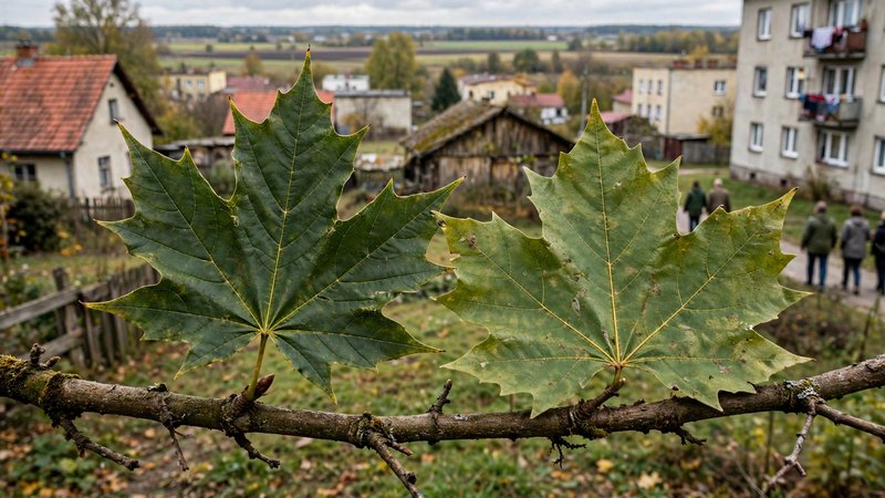 Liście klonu zwyczajnego i jawora obok siebie na gałęzi