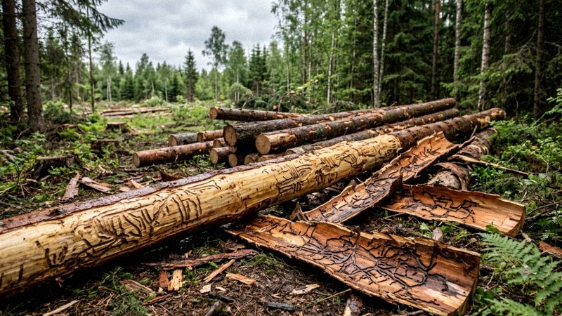 Kora świerka z widocznymi żerowiskami kornika i trocinkami — zdjęcie 3