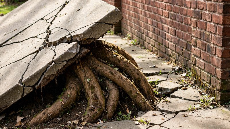 Gruby korzeń drzewa unoszący i pękający betonowy chodnik przy budynku