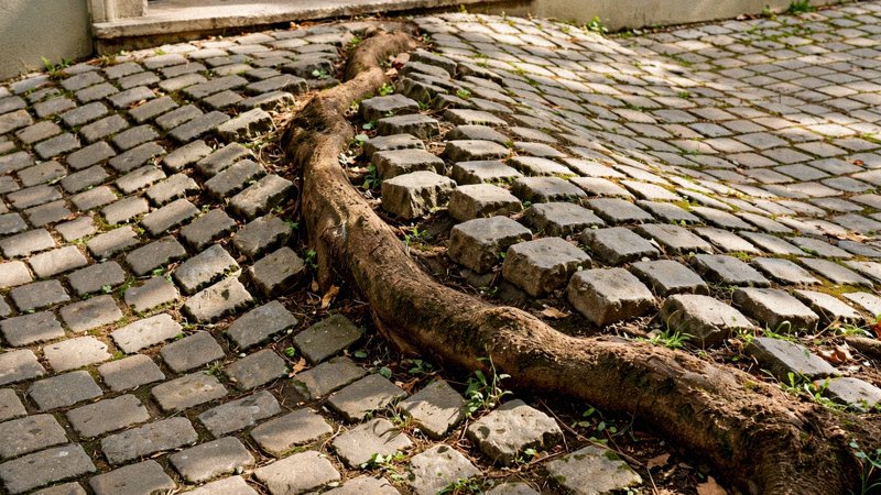 Gruby korzeń drzewa unoszący i pękający betonowy chodnik przy budynku — zdjęcie 3