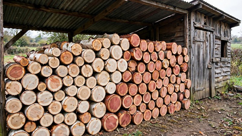 Ułożone polana drewna jabłoni i śliwy przeznaczone do wędzenia