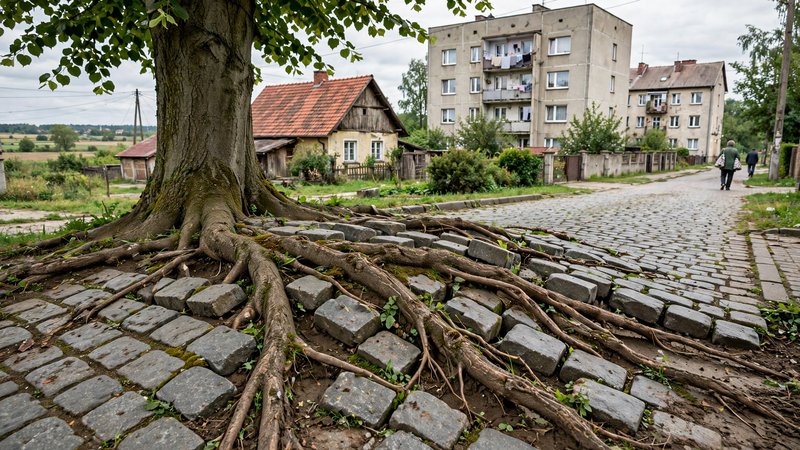 Korzenie lipy podnoszące kostkę brukową na podjeździe