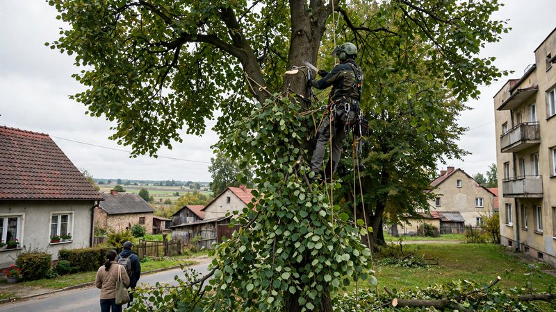 Arborysta w linach przerzedza koronę starej lipy przy budynku