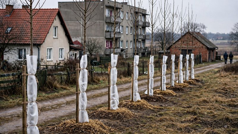 Rząd młodych nasadzeń zabezpieczonych na zimę
