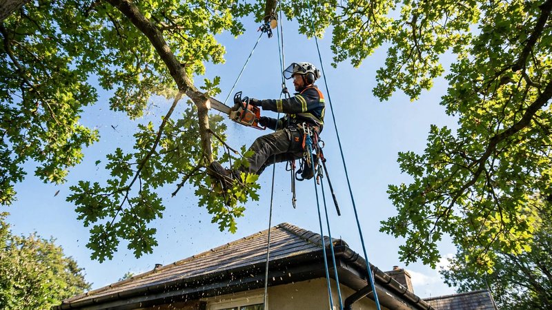 Arborysta na linach wykonuje redukcję korony nad dachem budynku
