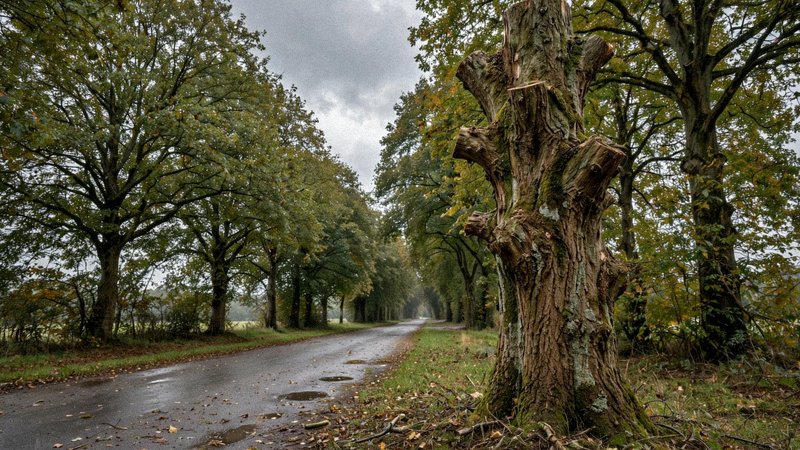 Ogłowione drzewo z grubymi kikutami konarów przyciętymi na słup