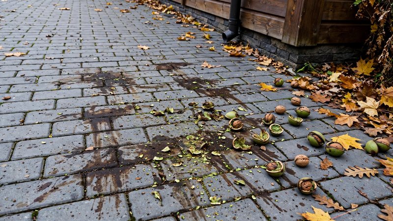 Ciemne plamy po łupinach orzecha na kostce brukowej podjazdu