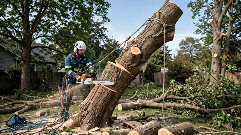 Kontrolowane usuwanie pochylonego drzewa sekcjami, z asekuracją liny