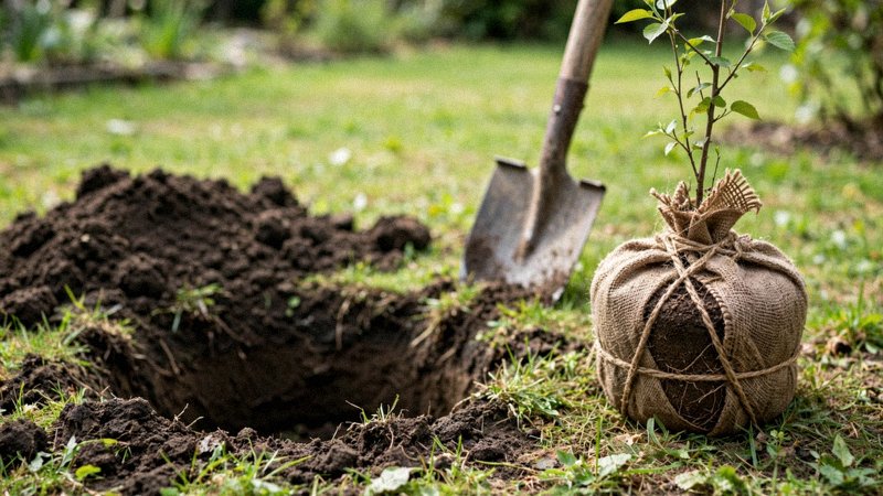 Sadzenie młodego drzewa liściastego w ogrodzie — sadzonka z bryłą korzeniową — zdjęcie 1