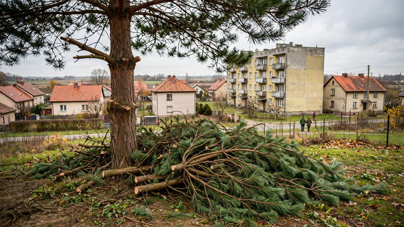 Ścięte dolne gałęzie sosny złożone pod drzewem
