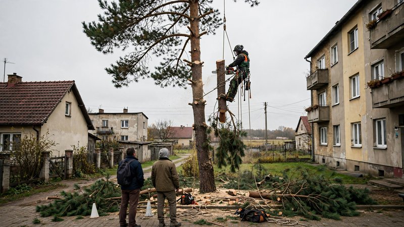 Arborysta tnie sosnę sekcjami tuż przy budynku
