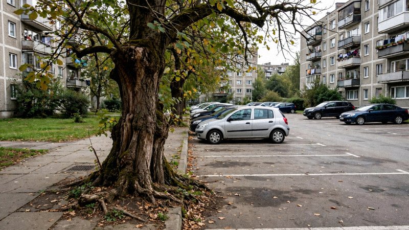 Stare drzewo rosnące przy chodniku osiedlowym, w zasięgu ciągu pieszego i miejsc postojowych