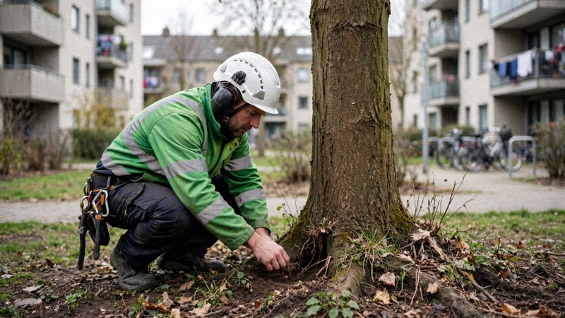 Arborysta wykonuje przegląd drzewa na terenie osiedla, oglądając podstawę pnia