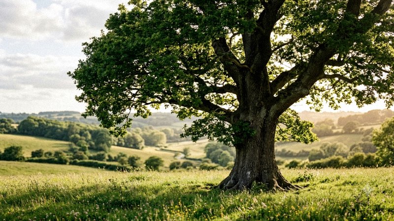 Duże drzewo liściaste w ogrodzie z widoczną fakturą kory — wycena wartości