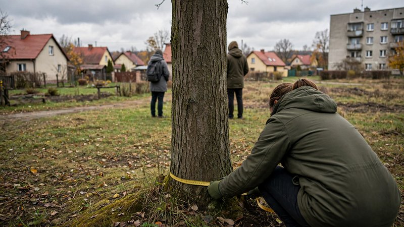 Pomiar obwodu pnia taśmą na wysokości pięciu centymetrów nad ziemią