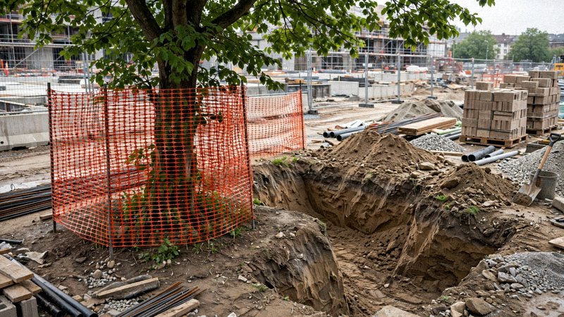 Drzewo pozostawione na placu budowy, wygrodzone siatką ochronną wokół pnia