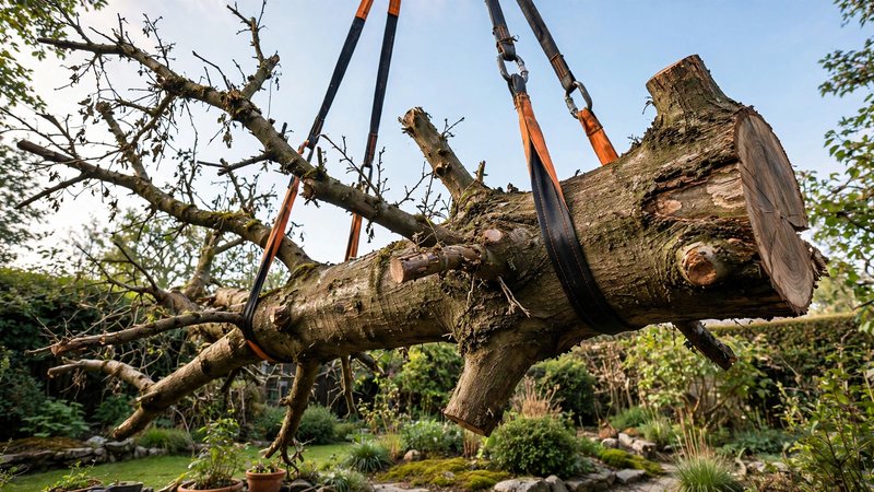 Odcięty fragment korony zawieszony na zawiesiu nad posesją