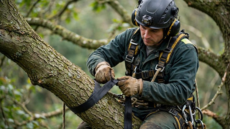 Arborysta w uprzęży przygotowuje zawiesie na konarze przed odcięciem