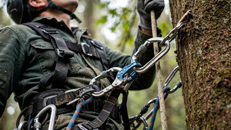 Arborysta w uprzęży wspina się po linie wzdłuż pnia, widoczne karabinki i sprzęt asekuracyjny