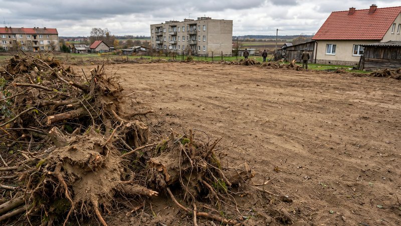 Wykarczowane karpy krzewów złożone na skraju uprzątniętej działki