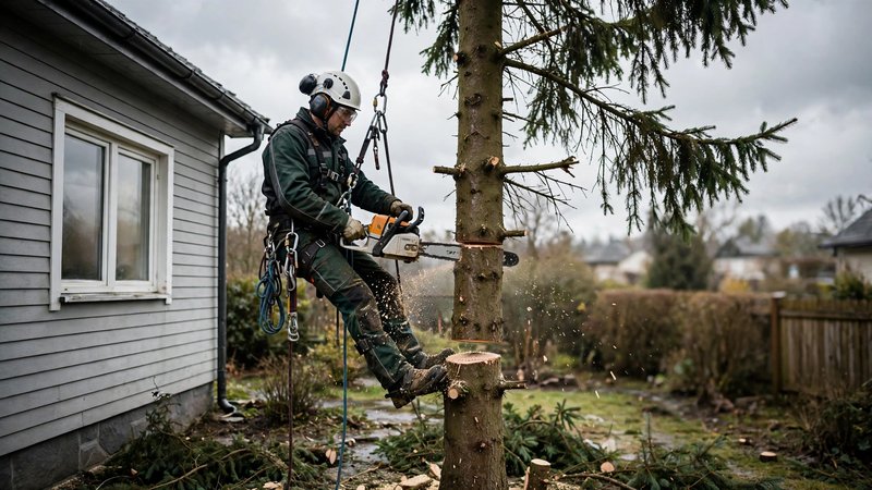 Arborysta w linach tnie świerk sekcjami tuż przy budynku