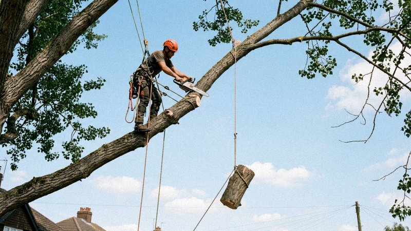 Wysoka topola przy zabudowaniach przygotowana do wycinki — zdjęcie 2