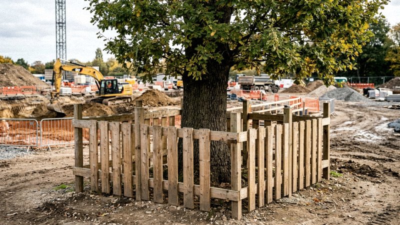Drzewo zabezpieczone drewnianym ogrodzeniem tymczasowym na placu budowy
