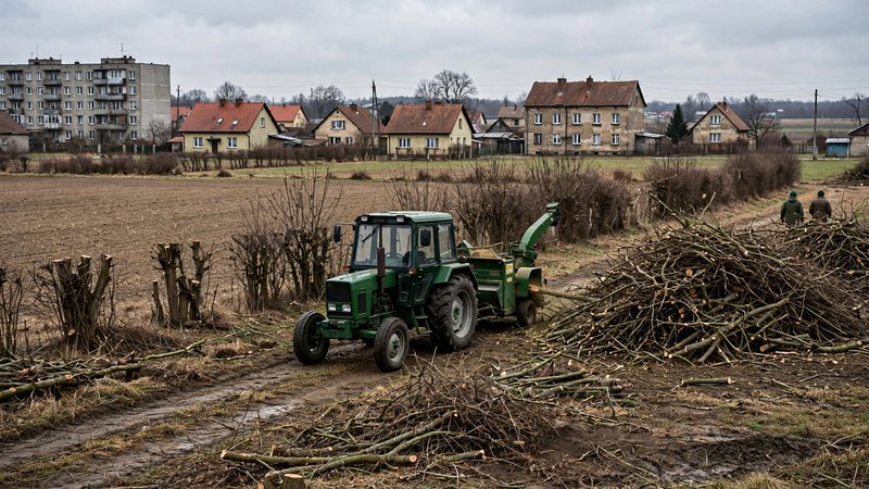 Ciągnik z rębakiem przy uprzątniętym pasie zadrzewień