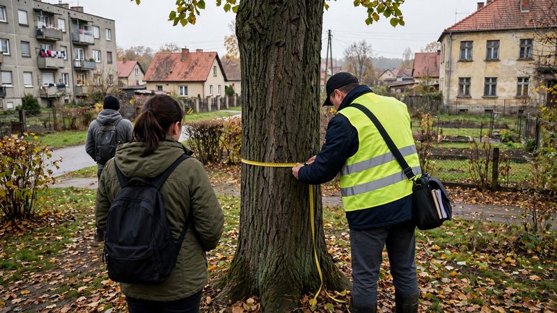 Urzędnik mierzący obwód pnia podczas oględzin