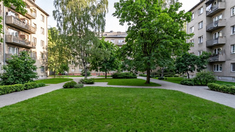 Zadbany teren zielony między blokami osiedla mieszkaniowego, przystrzyżony trawnik i drzewa