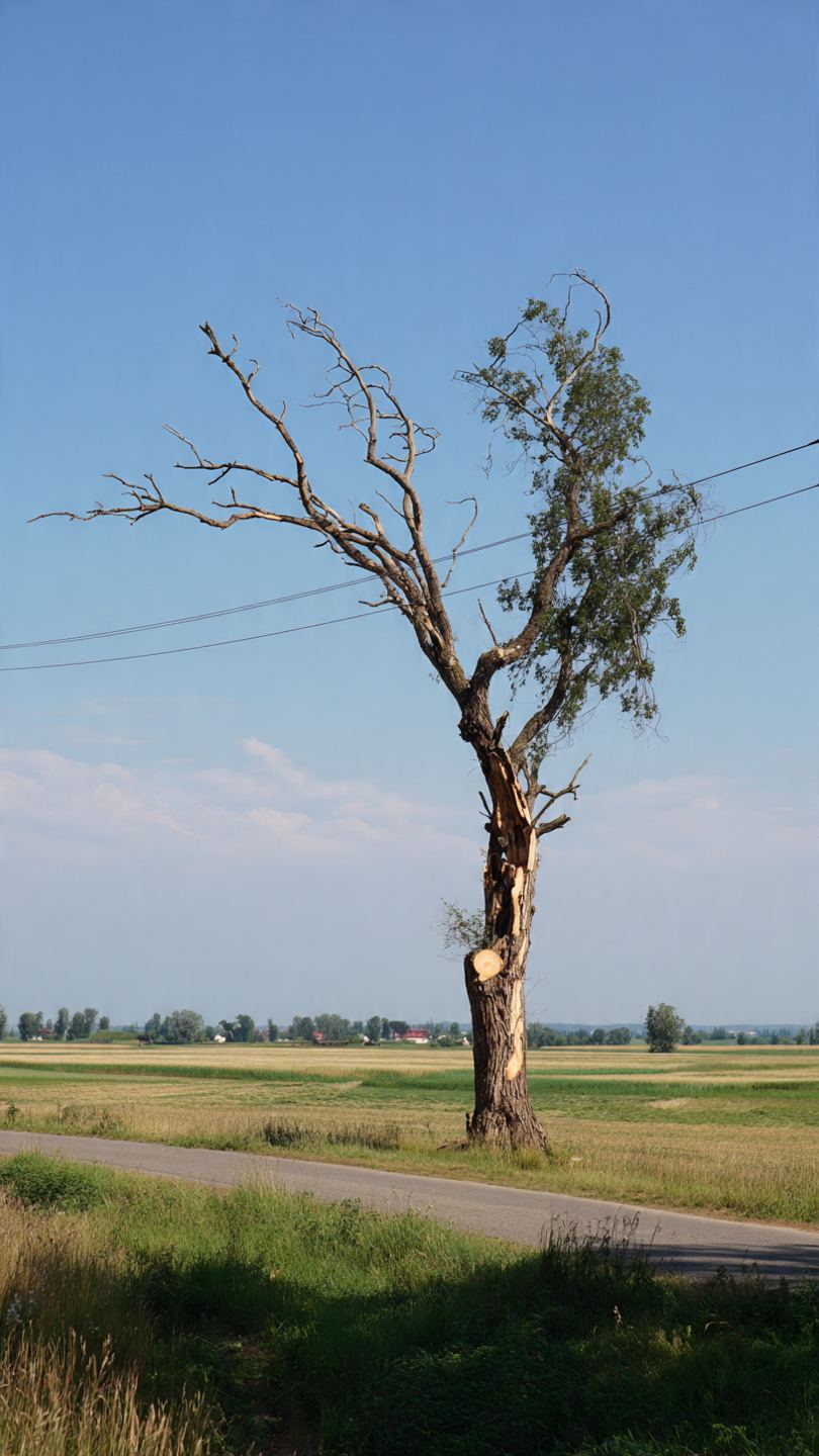 Stare drzewo z widocznymi objawami choroby — próchnica i uszkodzenia kory
