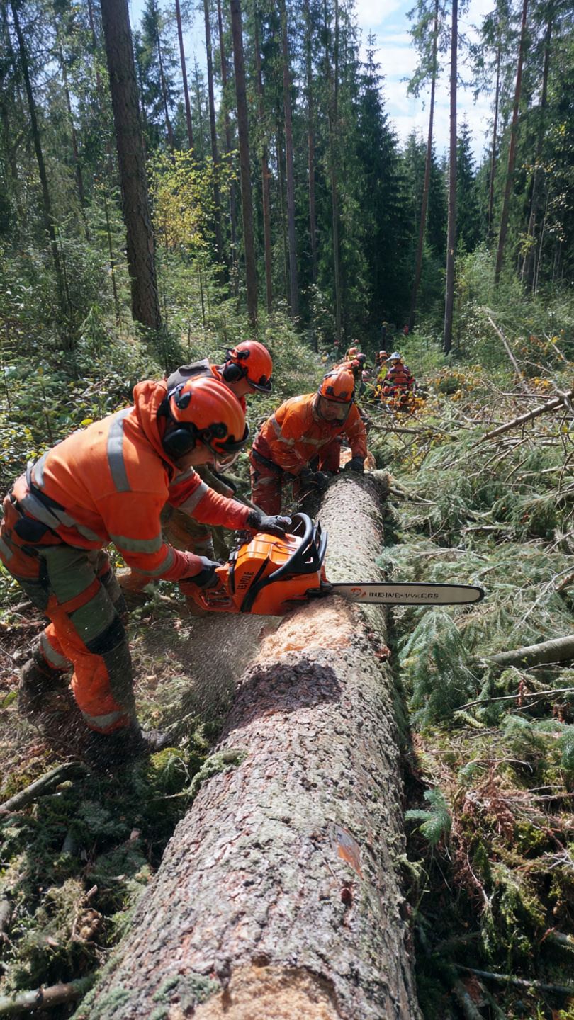 Ekipa drwali w odblaskowych ubraniach ochronnych podczas wycinki drzew
