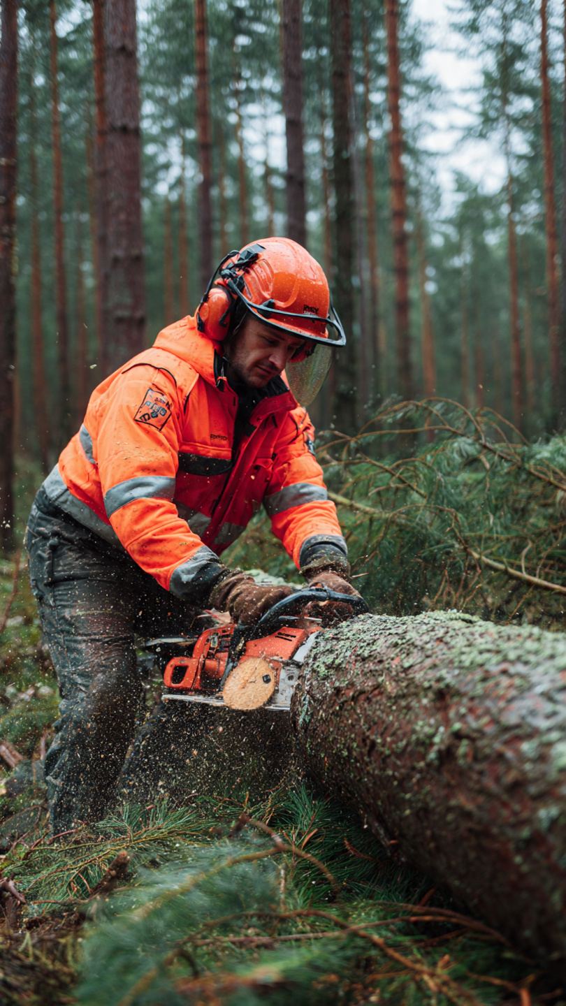 Ekipa arborystów w odblaskowych ubraniach podczas wycinki drzew w terenie