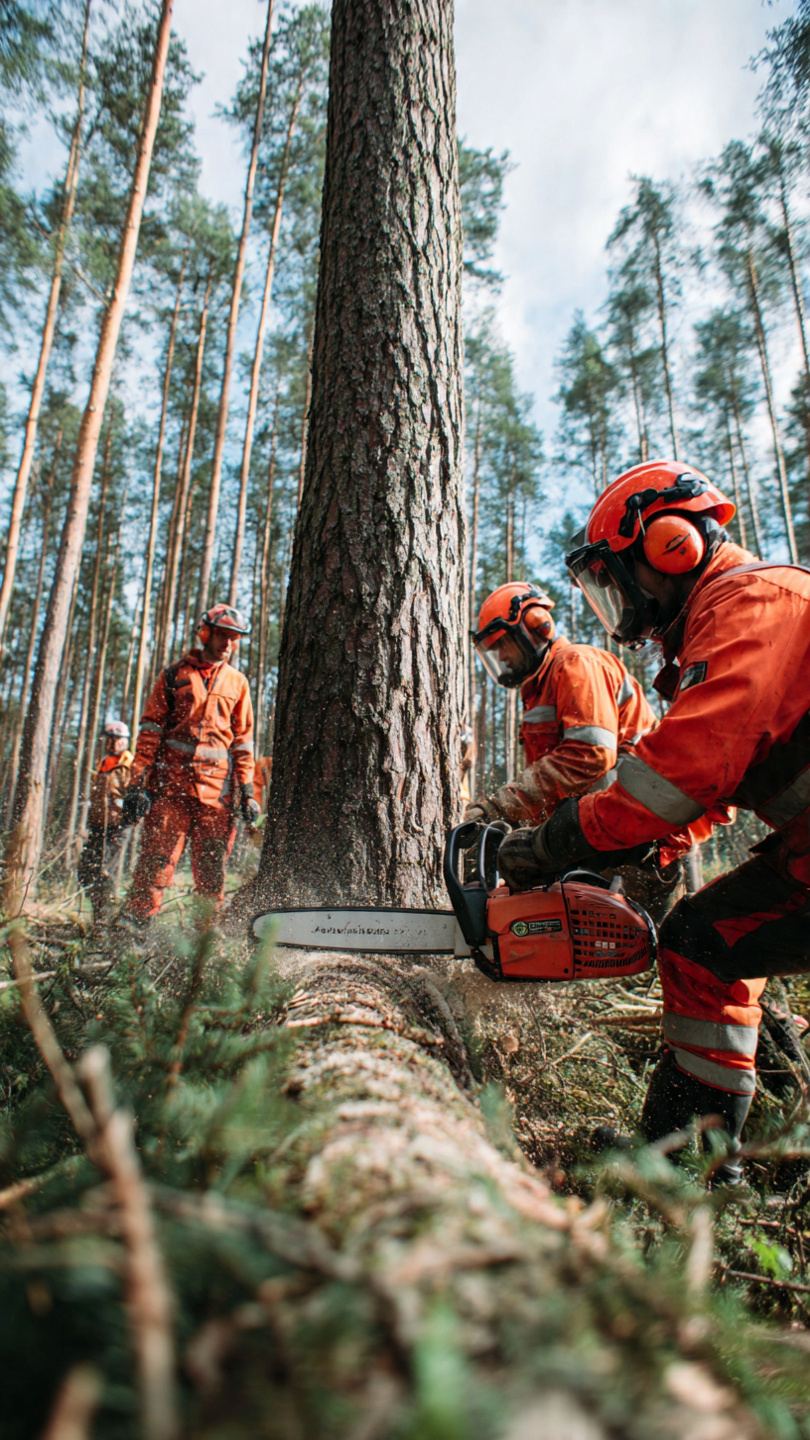 Profesjonalni drwale w odzieży ochronnej przy wycince drzew